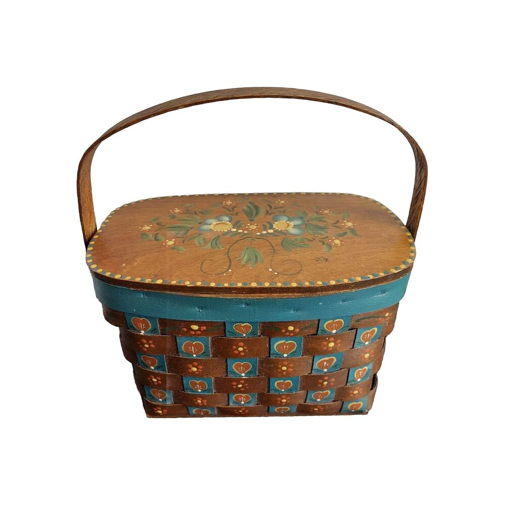 Wood Basket Weave Purse VTG Hand-Painted Hinged Lid Hearts Floral Boho wooden VG